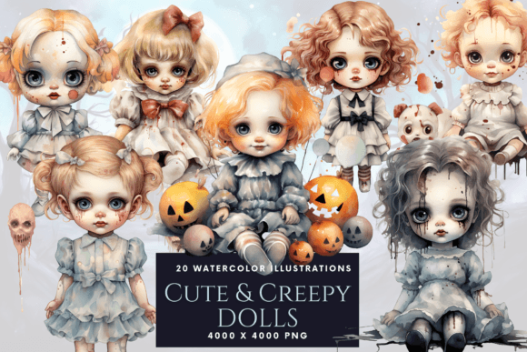 Download Cute &amp; Creepy Doll Watercolor Clip Art - Creepy doll Collection