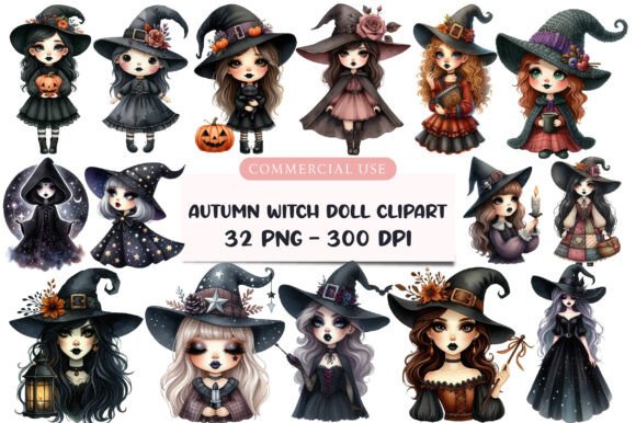 Download Watercolor Autumn Witch Doll Clipart - Doll Collection