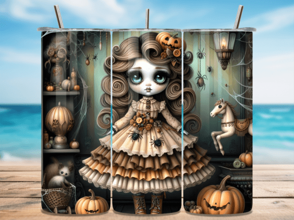 Download Spooky Doll with Pumpkins Tumbler Wrap - Doll Collection